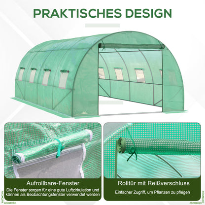 Greenhouse approx. 6 x 3 x 2 m Foil Greenhouse with 8 Windows, Roll-Up Door, Roll-up Side Panels, UV-Resistant Foil Tunnel, Winterproof Tomato House with Ground Anchors, Green