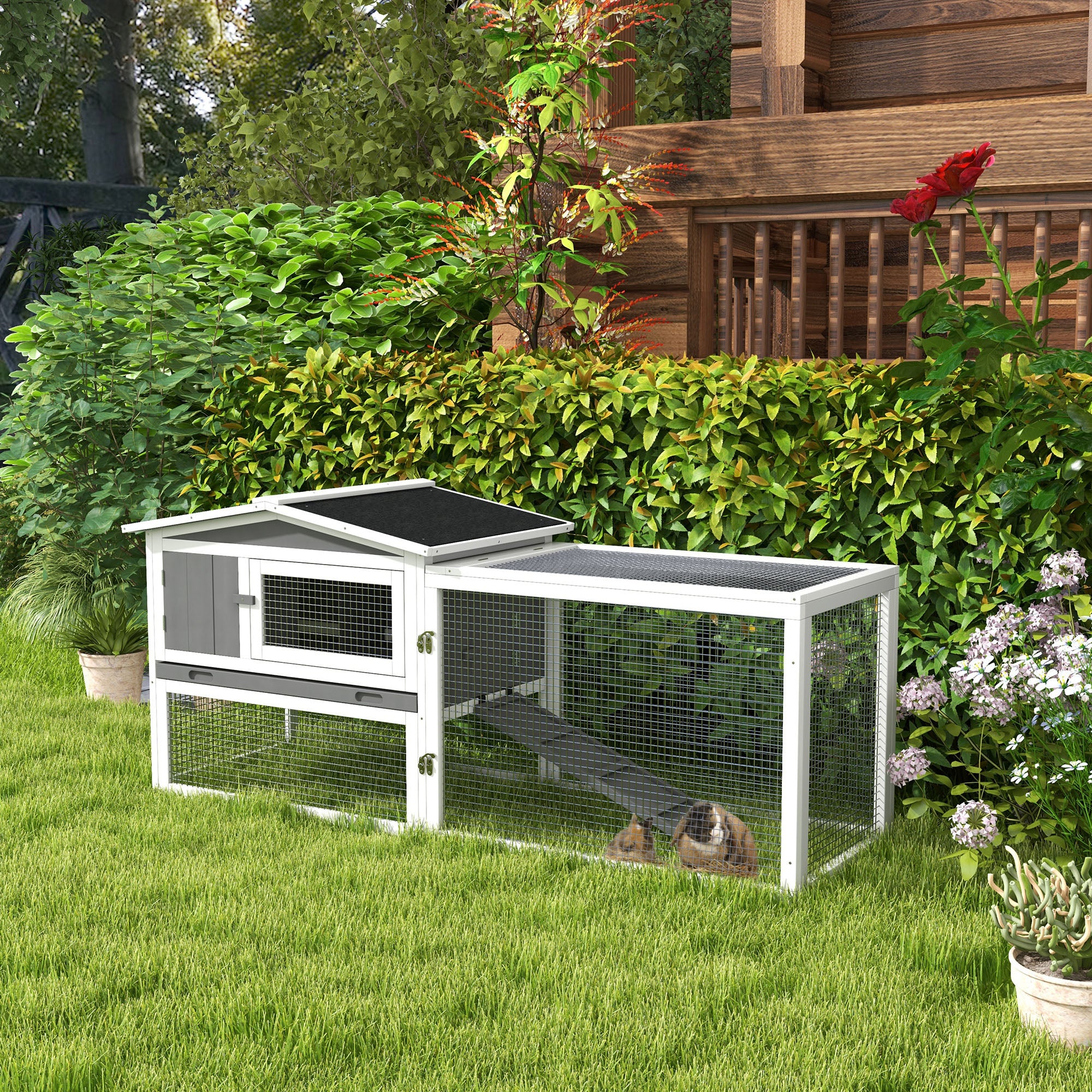 Rabbit Hutch Rabbit Hutch with Run Floor Tray, Ramp, Wooden Small Animal Hutch Guinea Pig Run with 2 Floors, Viewing Window, for Dwarf Rabbits 156x58x68 cm, Light Gray