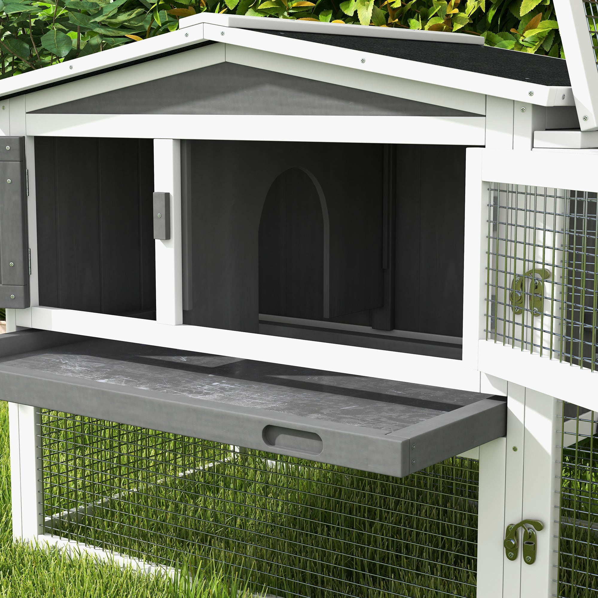 Rabbit Hutch Rabbit Hutch with Run Floor Tray, Ramp, Wooden Small Animal Hutch Guinea Pig Run with 2 Floors, Viewing Window, for Dwarf Rabbits 156x58x68 cm, Light Gray