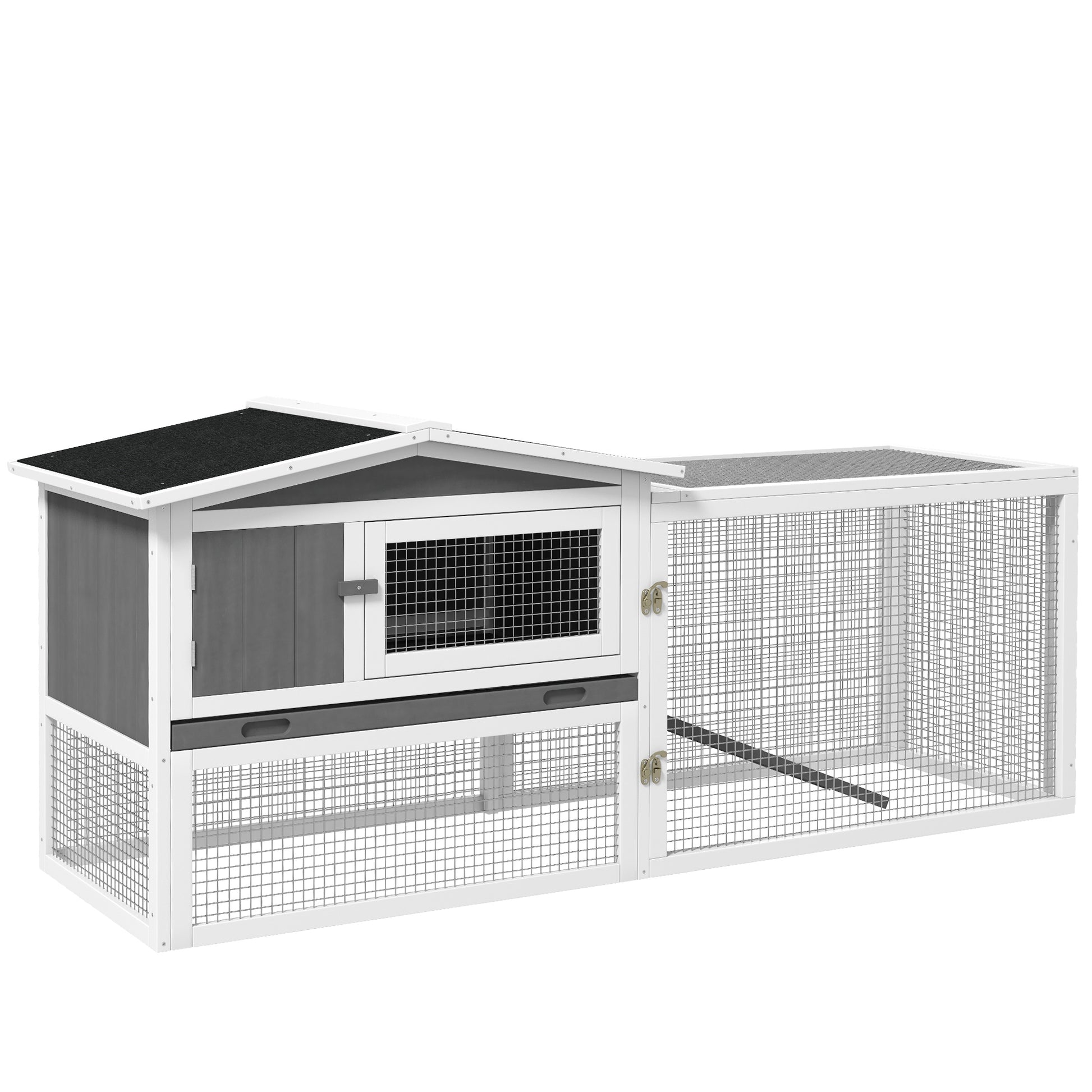 Rabbit Hutch Rabbit Hutch with Run Floor Tray, Ramp, Wooden Small Animal Hutch Guinea Pig Run with 2 Floors, Viewing Window, for Dwarf Rabbits 156x58x68 cm, Light Gray