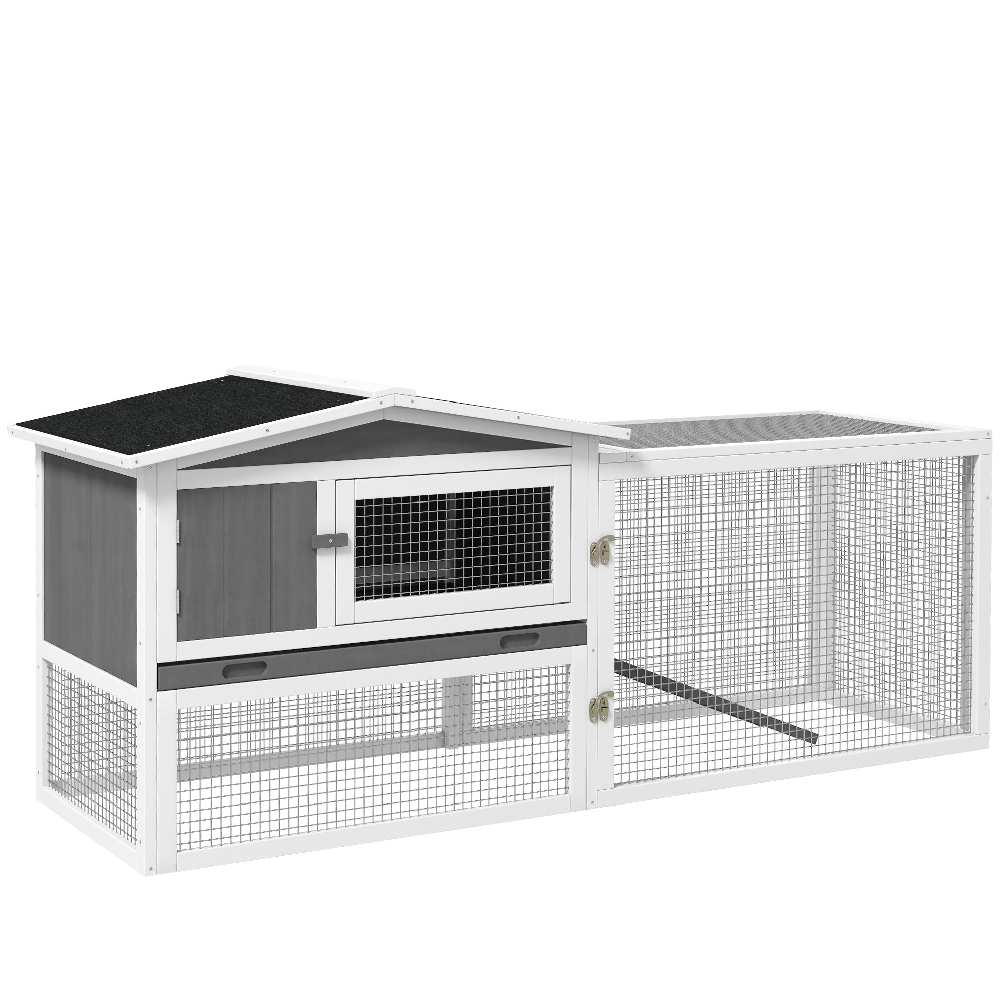 Rabbit Hutch Rabbit Hutch with Run Floor Tray, Ramp, Wooden Small Animal Hutch Guinea Pig Run with 2 Floors, Viewing Window, for Dwarf Rabbits 156x58x68 cm, Light Gray