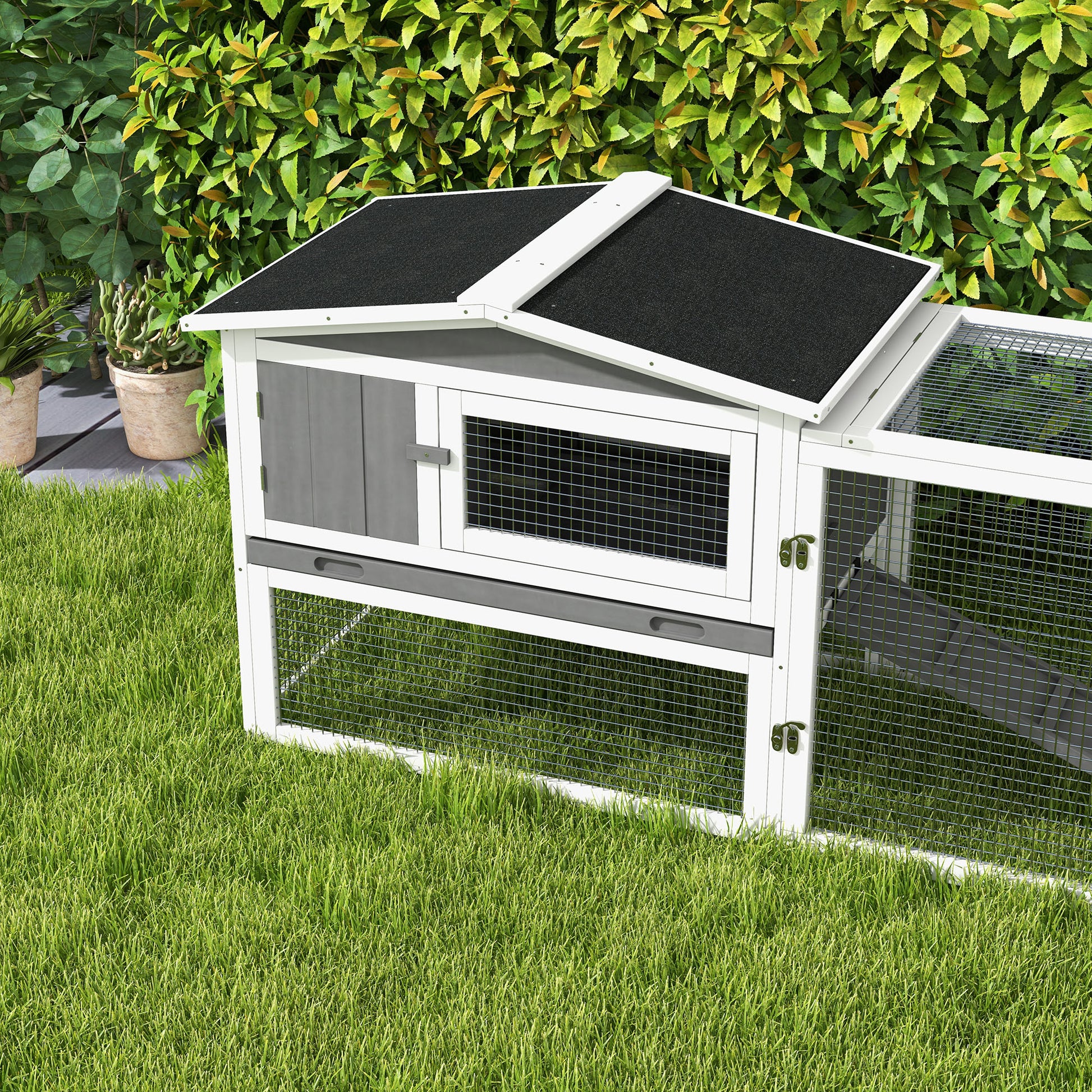Rabbit Hutch Rabbit Hutch with Run Floor Tray, Ramp, Wooden Small Animal Hutch Guinea Pig Run with 2 Floors, Viewing Window, for Dwarf Rabbits 156x58x68 cm, Light Gray
