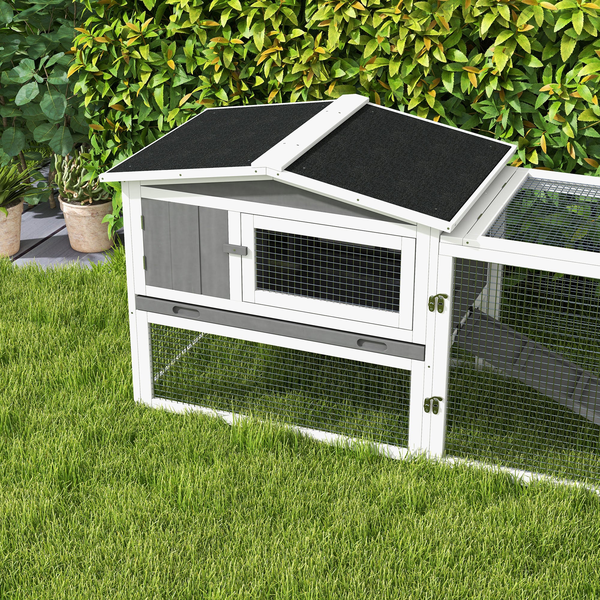 Rabbit Hutch Rabbit Hutch with Run Floor Tray, Ramp, Wooden Small Animal Hutch Guinea Pig Run with 2 Floors, Viewing Window, for Dwarf Rabbits 156x58x68 cm, Light Gray