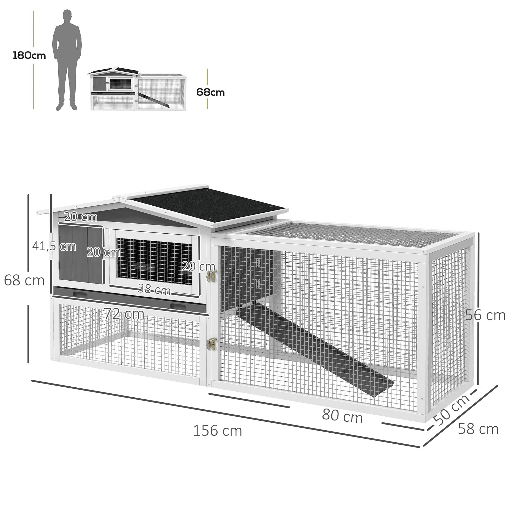 Rabbit Hutch Rabbit Hutch with Run Floor Tray, Ramp, Wooden Small Animal Hutch Guinea Pig Run with 2 Floors, Viewing Window, for Dwarf Rabbits 156x58x68 cm, Light Gray