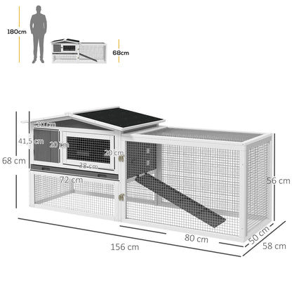 Rabbit Hutch Rabbit Hutch with Run Floor Tray, Ramp, Wooden Small Animal Hutch Guinea Pig Run with 2 Floors, Viewing Window, for Dwarf Rabbits 156x58x68 cm, Light Gray