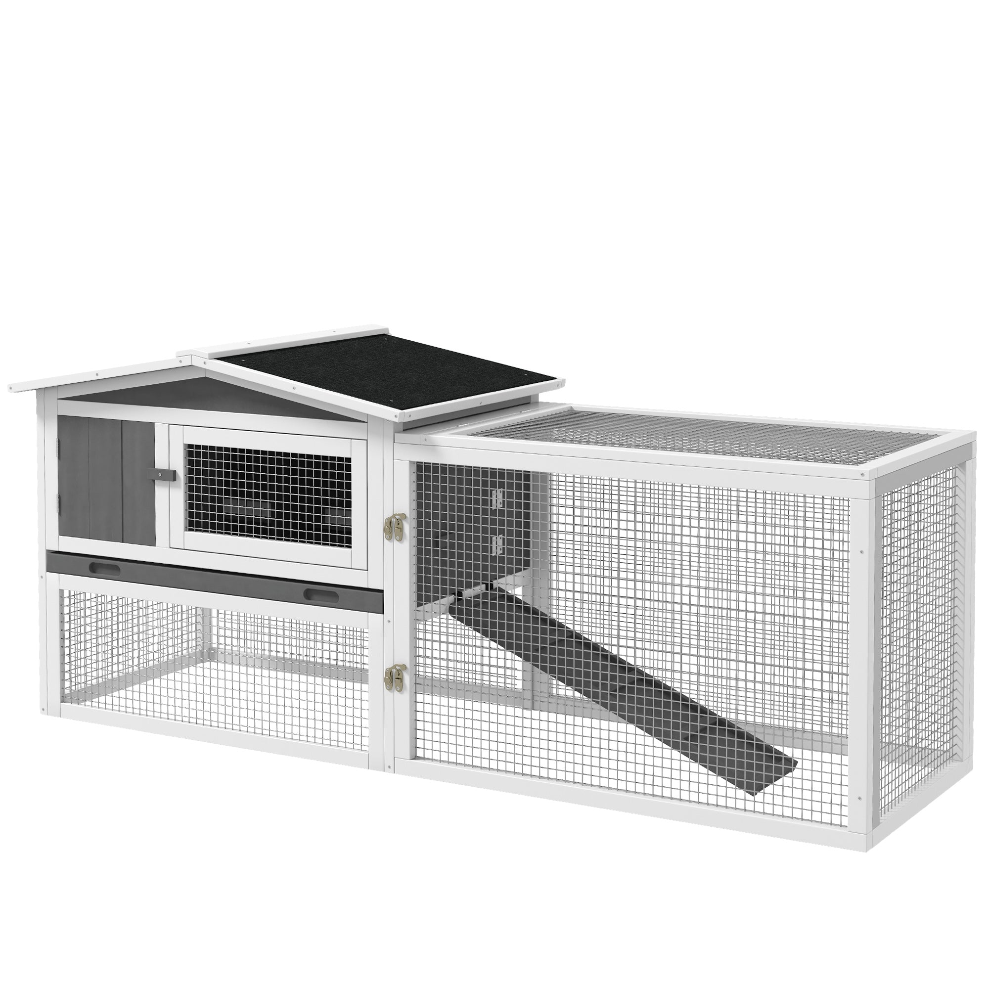 Rabbit Hutch Rabbit Hutch with Run Floor Tray, Ramp, Wooden Small Animal Hutch Guinea Pig Run with 2 Floors, Viewing Window, for Dwarf Rabbits 156x58x68 cm, Light Gray