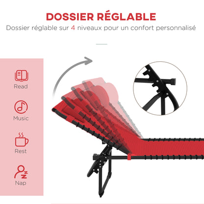 Folding Sun Lounger with Multi-Position Adjustable Backrest Thermoplastic Steel Elastic Laces Black Textilene Wine Red