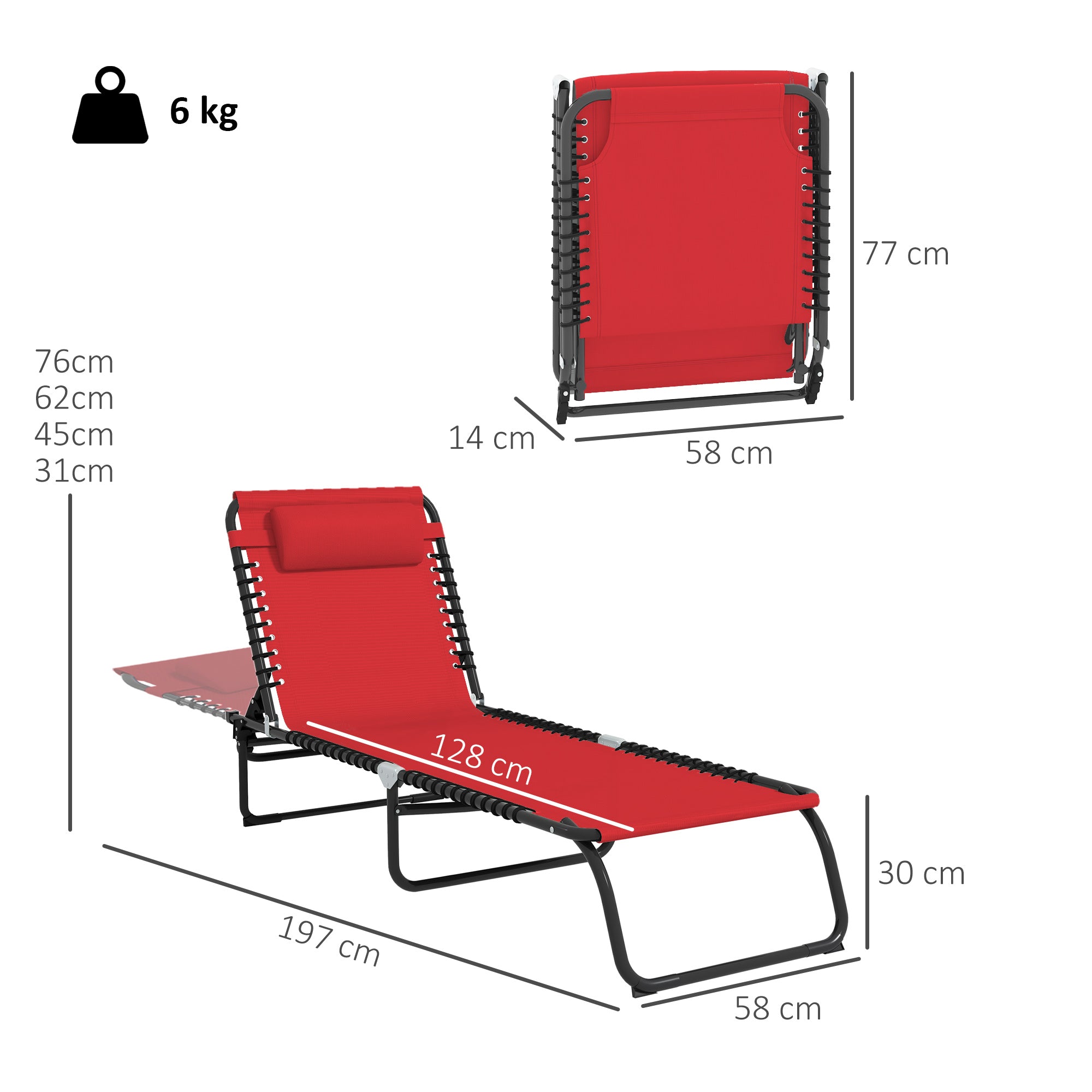 Folding Sun Lounger with Multi-Position Adjustable Backrest Thermoplastic Steel Elastic Laces Black Textilene Wine Red