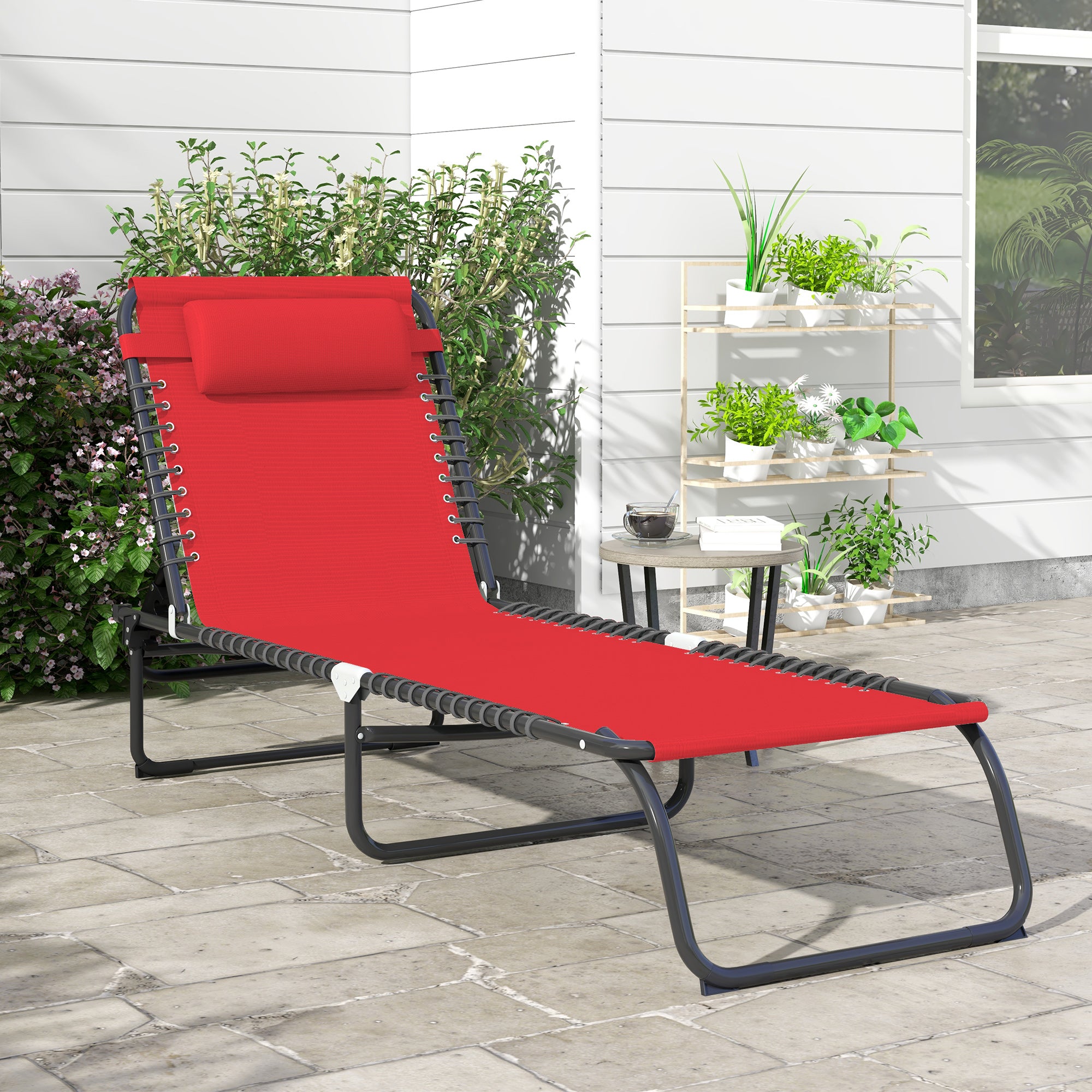 Folding Sun Lounger with Multi-Position Adjustable Backrest Thermoplastic Steel Elastic Laces Black Textilene Wine Red