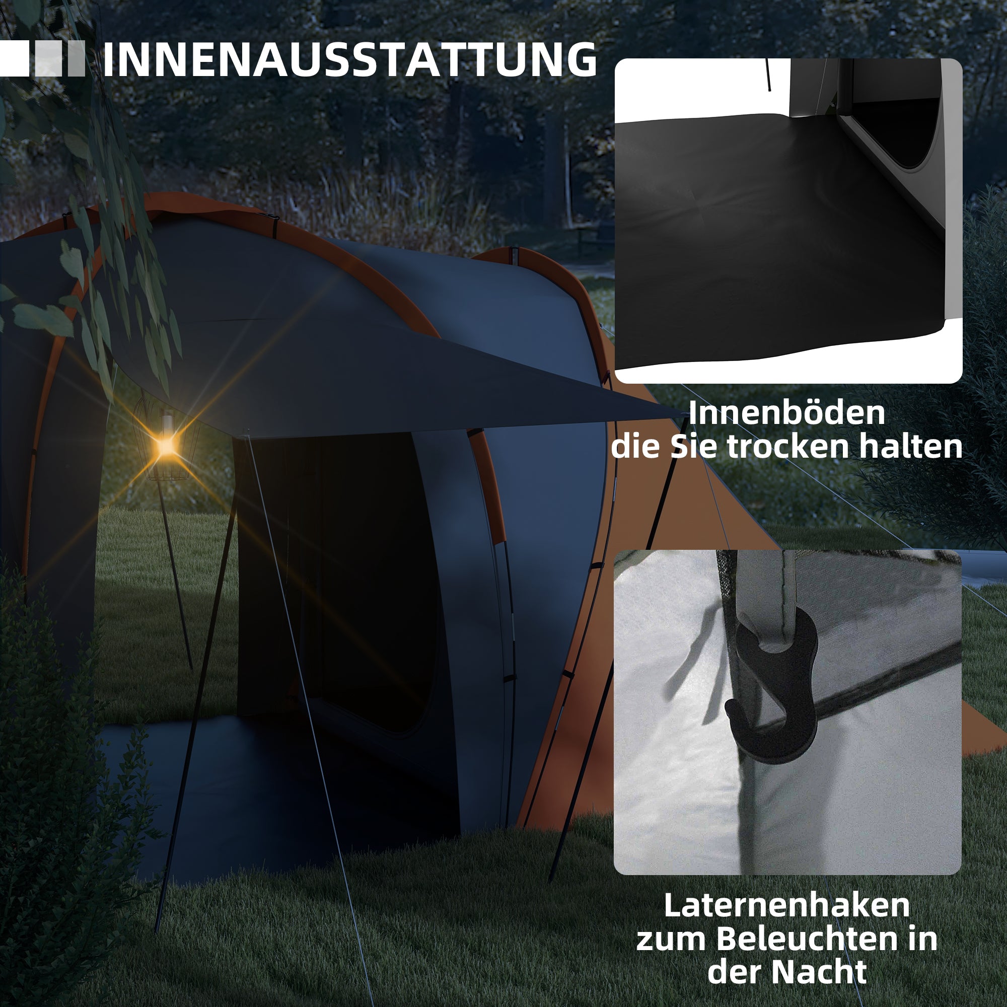 Tunnel Tent for 4–6 People — 2 Bedrooms + Living Area, 2000 mm Waterproof, Gray & Orange