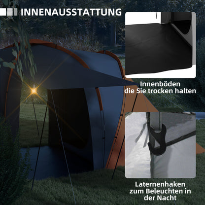 Tunnel Tent for 4–6 People — 2 Bedrooms + Living Area, 2000 mm Waterproof, Gray & Orange