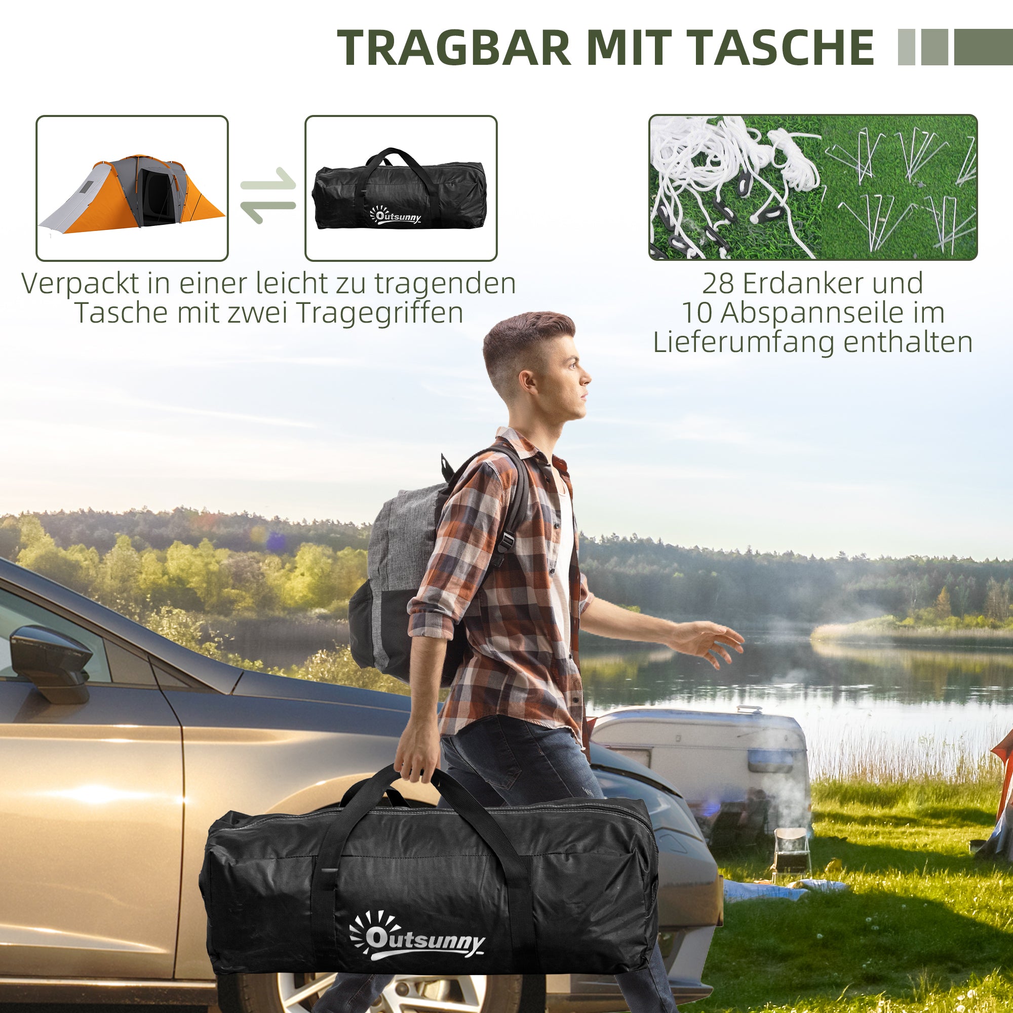 Tunnel Tent for 4–6 People — 2 Bedrooms + Living Area, 2000 mm Waterproof, Gray & Orange