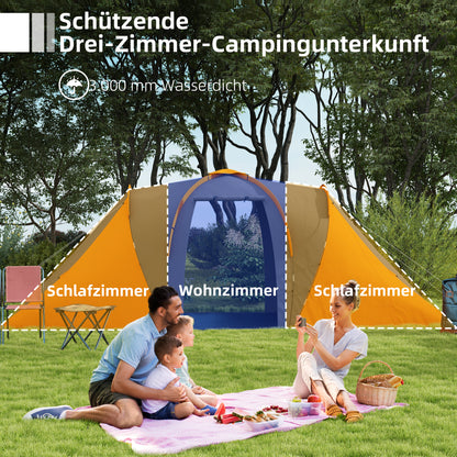 Tunnel Tent for 4–6 People — 2 Bedrooms + Living Area, 2000 mm Waterproof, Gray & Orange