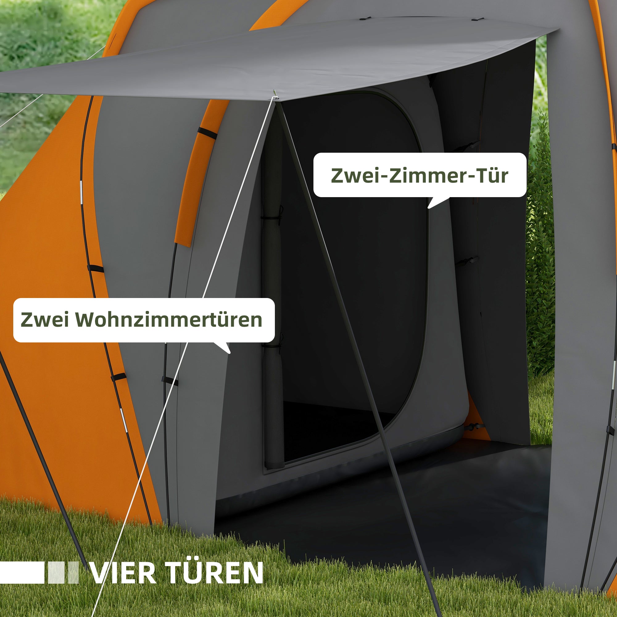 Tunnel Tent for 4–6 People — 2 Bedrooms + Living Area, 2000 mm Waterproof, Gray & Orange