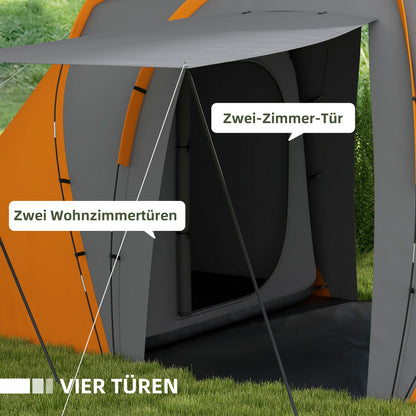 Tunnel Tent for 4–6 People — 2 Bedrooms + Living Area, 2000 mm Waterproof, Gray & Orange