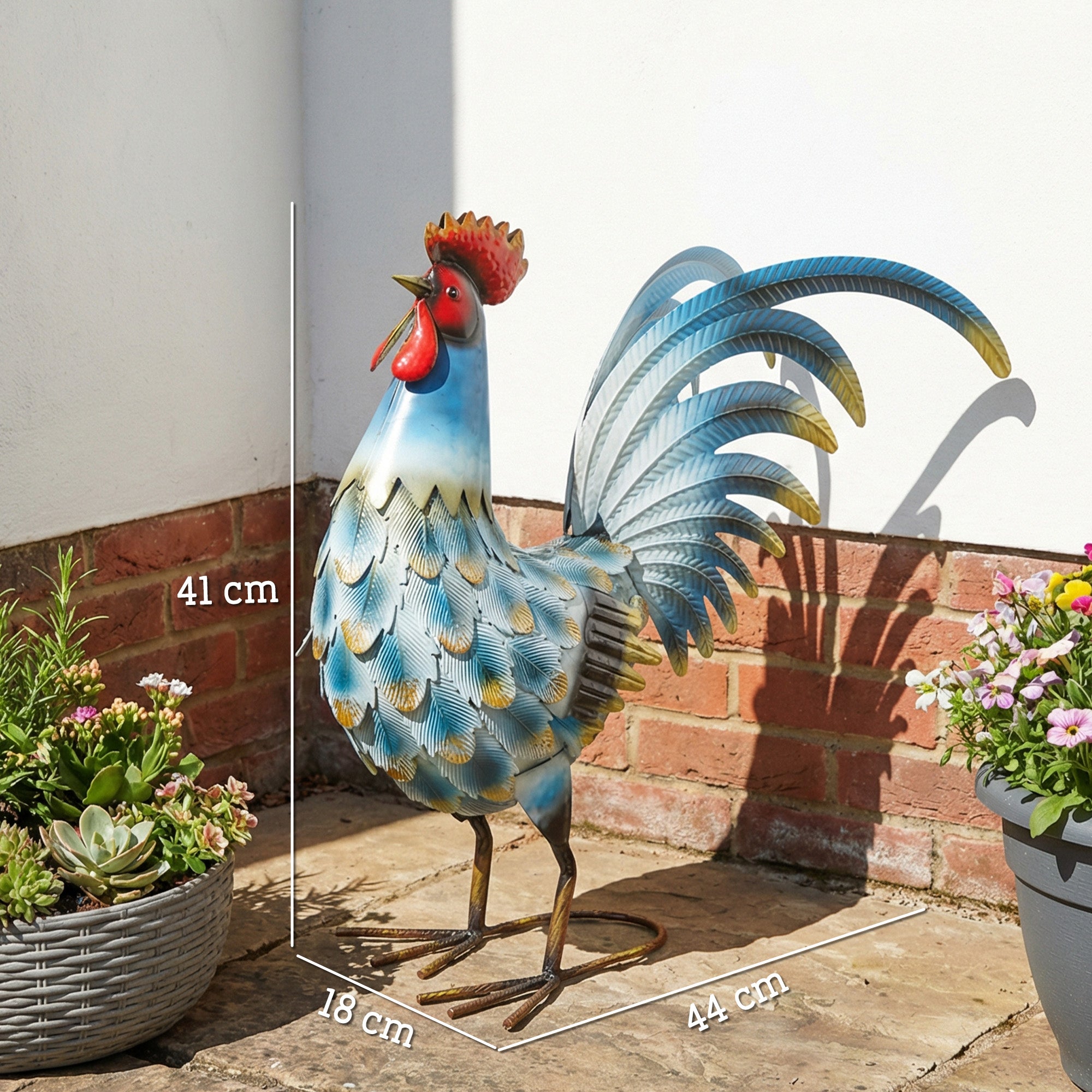 Rooster Garden Statue, Metal Rooster Sculpture with Ground Anchors, Standing Rooster for Patio and Lawn, 44 x 18 x 41 cm (17.3 x 7.1 x 16.1 in), Multicolor