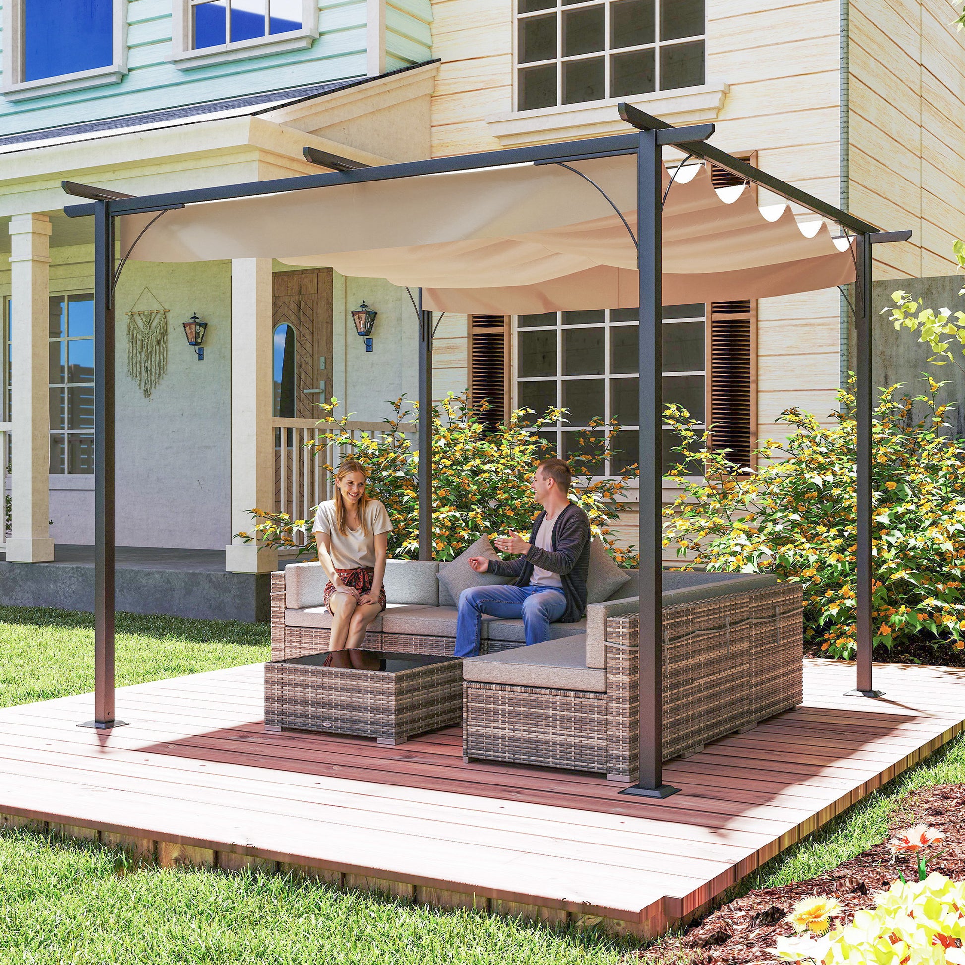 Pergola Waterproof Pavilion 3 x 3 m Patio Cover with Sliding Roof, UV Protection for Garden Beige