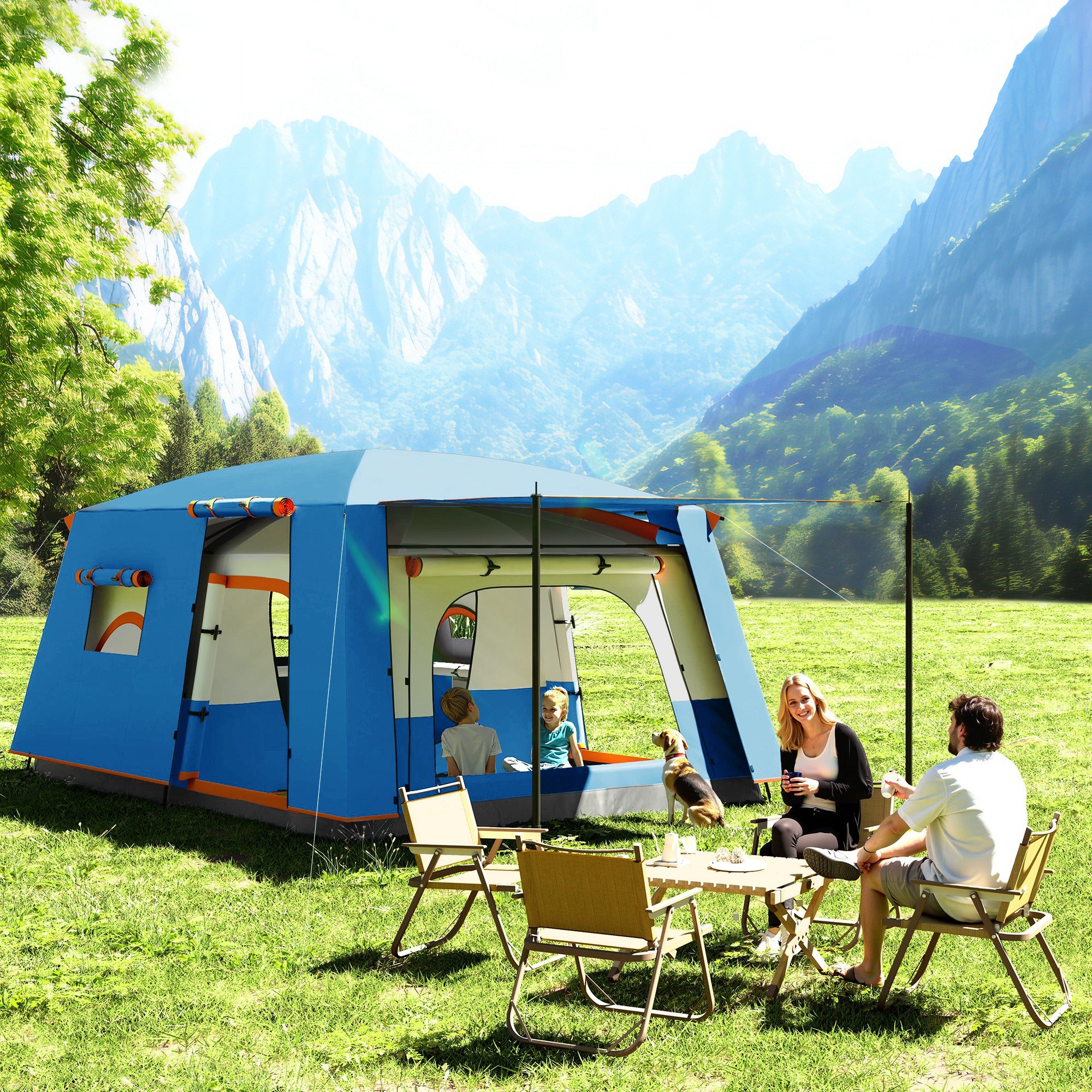 Family Camping Tent for 4-6 People Tunnel Type Camping Tent with 2 Rooms Porch Waterproof 3000 mm Anti-UV for Fishing Hiking Light Blue
