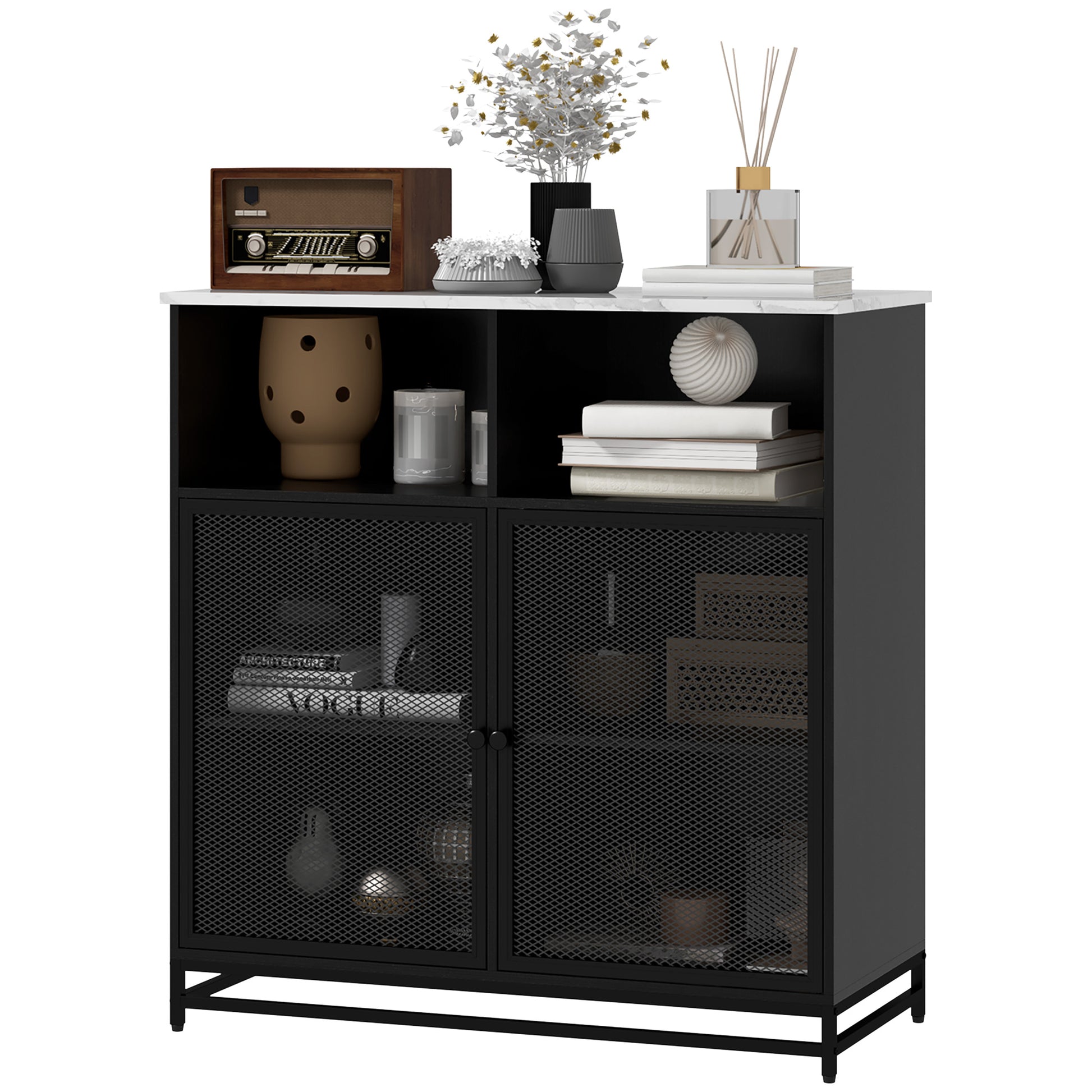 buffet storage cabinet with marble-look top and double mesh door, for living room or kitchen, 86 x 40 x 90 cm, white and black