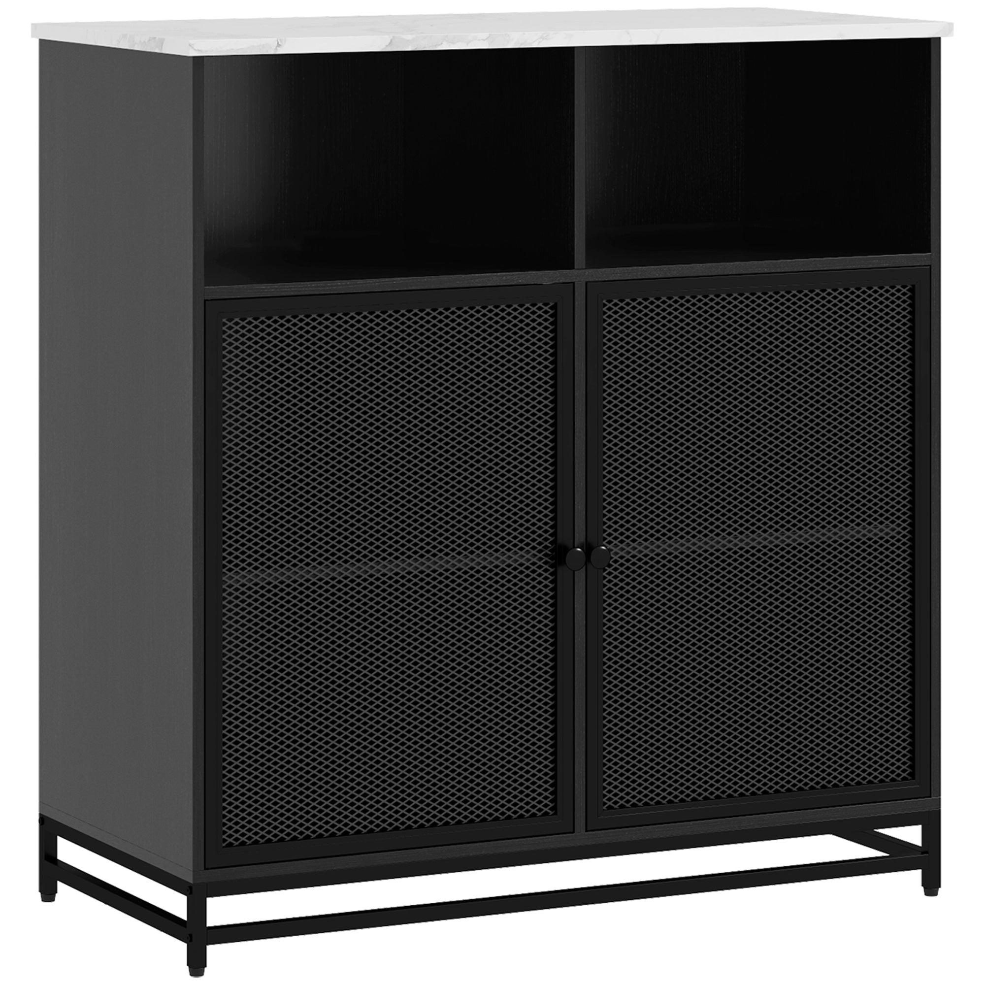 buffet storage cabinet with marble-look top and double mesh door, for living room or kitchen, 86 x 40 x 90 cm, white and black