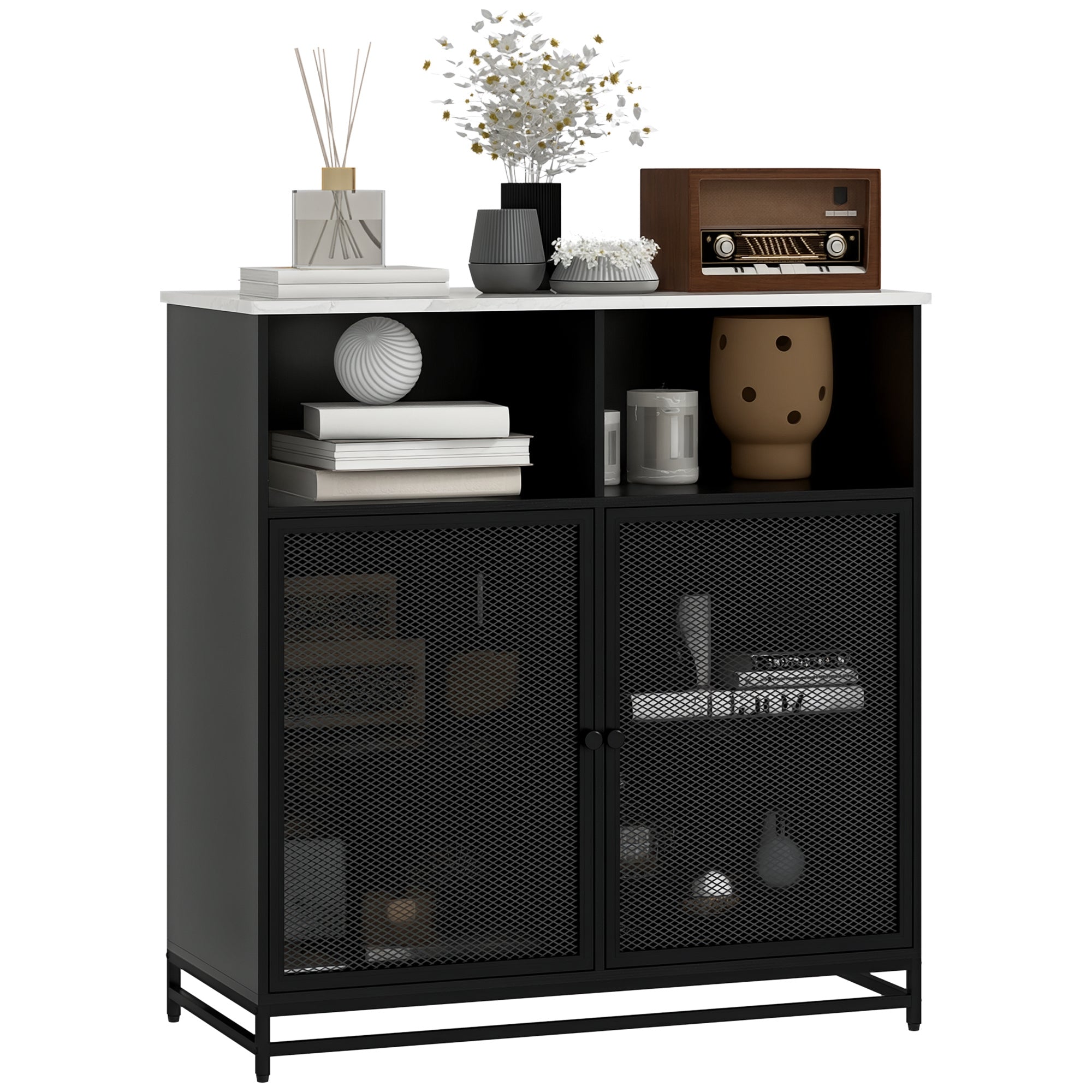 buffet storage cabinet with marble-look top and double mesh door, for living room or kitchen, 86 x 40 x 90 cm, white and black