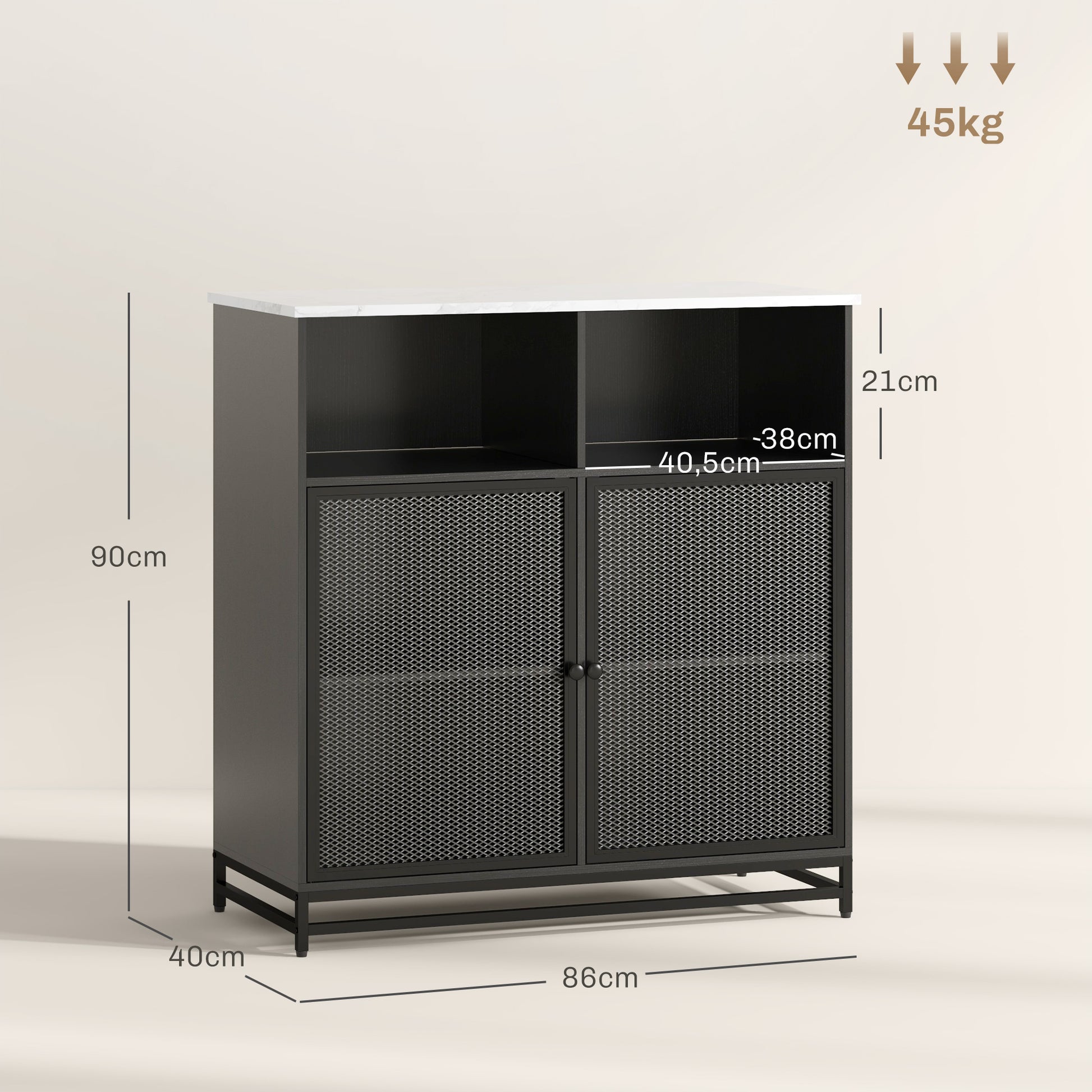 buffet storage cabinet with marble-look top and double mesh door, for living room or kitchen, 86 x 40 x 90 cm, white and black