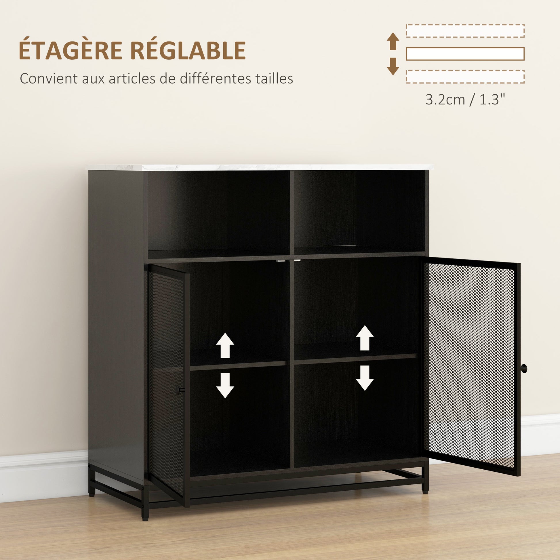 buffet storage cabinet with marble-look top and double mesh door, for living room or kitchen, 86 x 40 x 90 cm, white and black