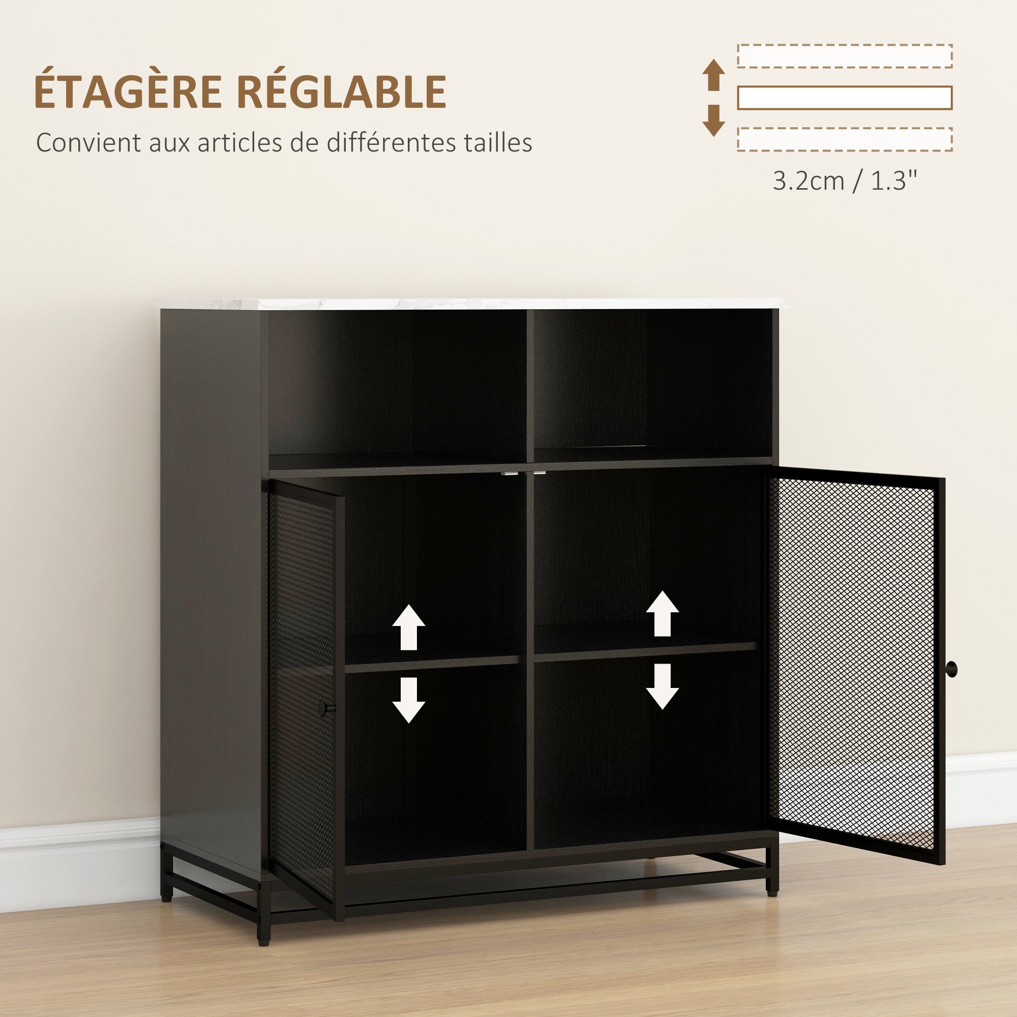 buffet storage cabinet with marble-look top and double mesh door, for living room or kitchen, 86 x 40 x 90 cm, white and black
