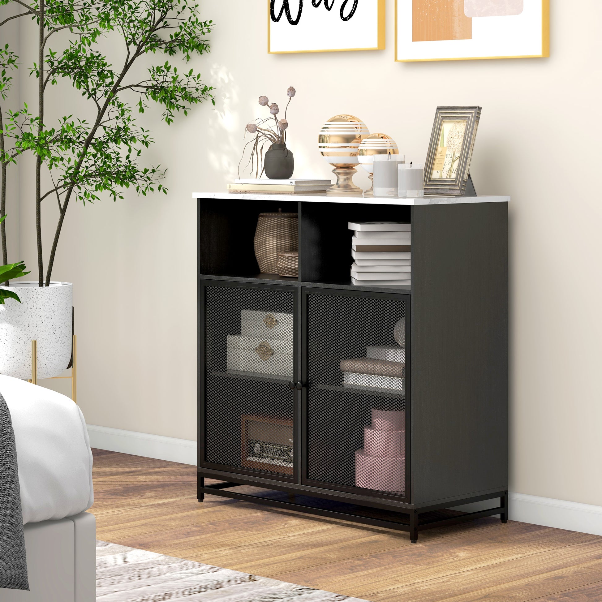 buffet storage cabinet with marble-look top and double mesh door, for living room or kitchen, 86 x 40 x 90 cm, white and black