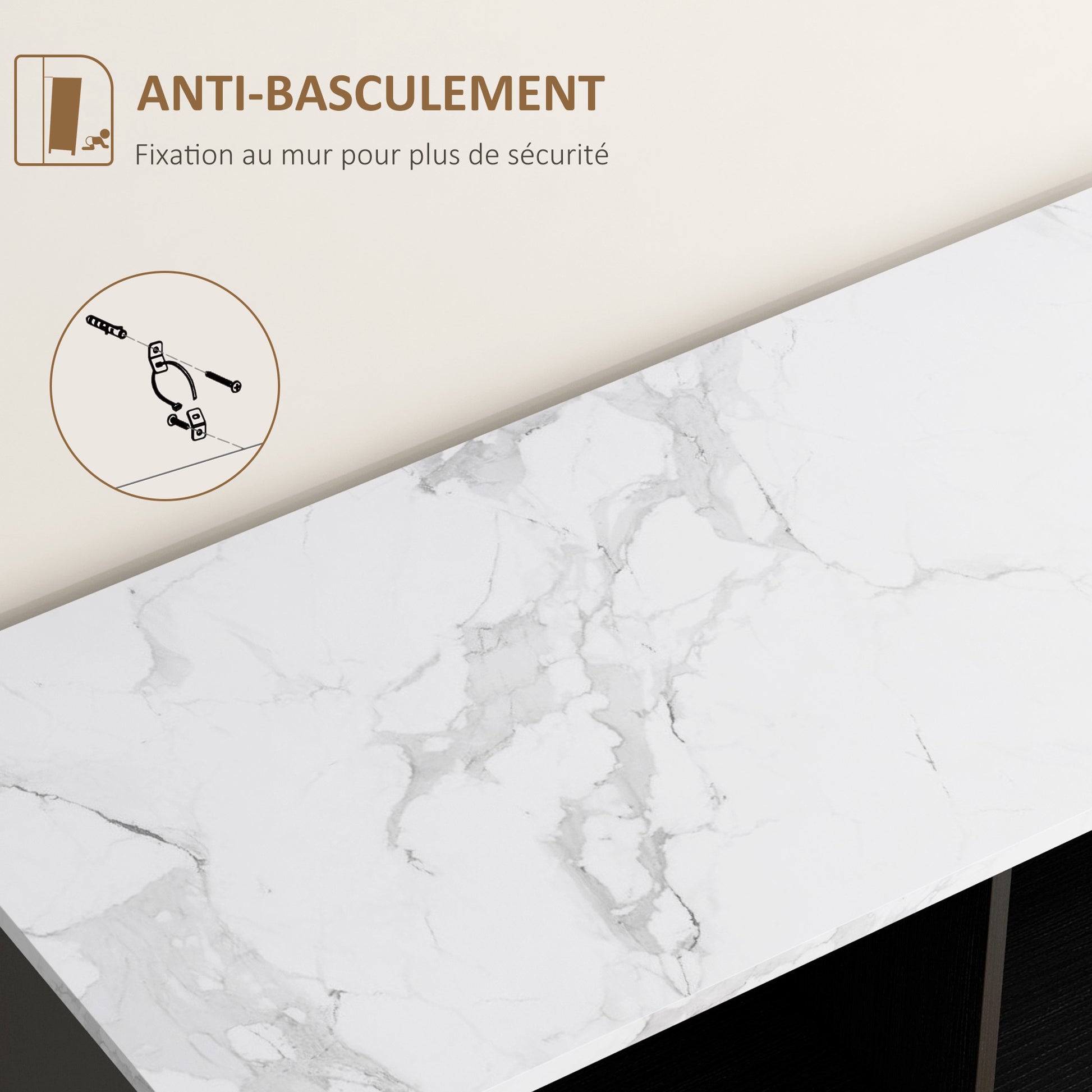 buffet storage cabinet with marble-look top and double mesh door, for living room or kitchen, 86 x 40 x 90 cm, white and black