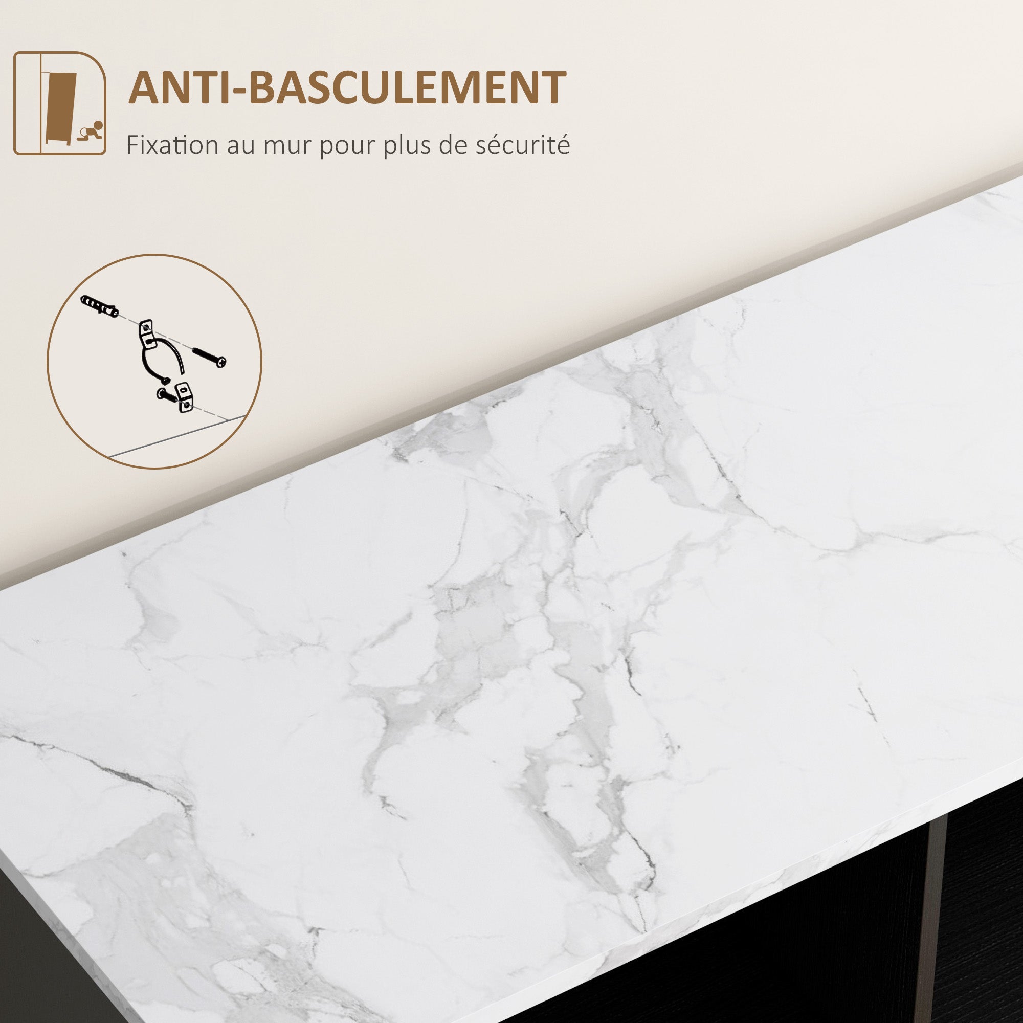 buffet storage cabinet with marble-look top and double mesh door, for living room or kitchen, 86 x 40 x 90 cm, white and black