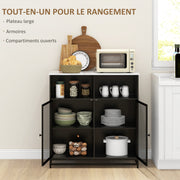 buffet storage cabinet with marble-look top and double mesh door, for living room or kitchen, 86 x 40 x 90 cm, white and black