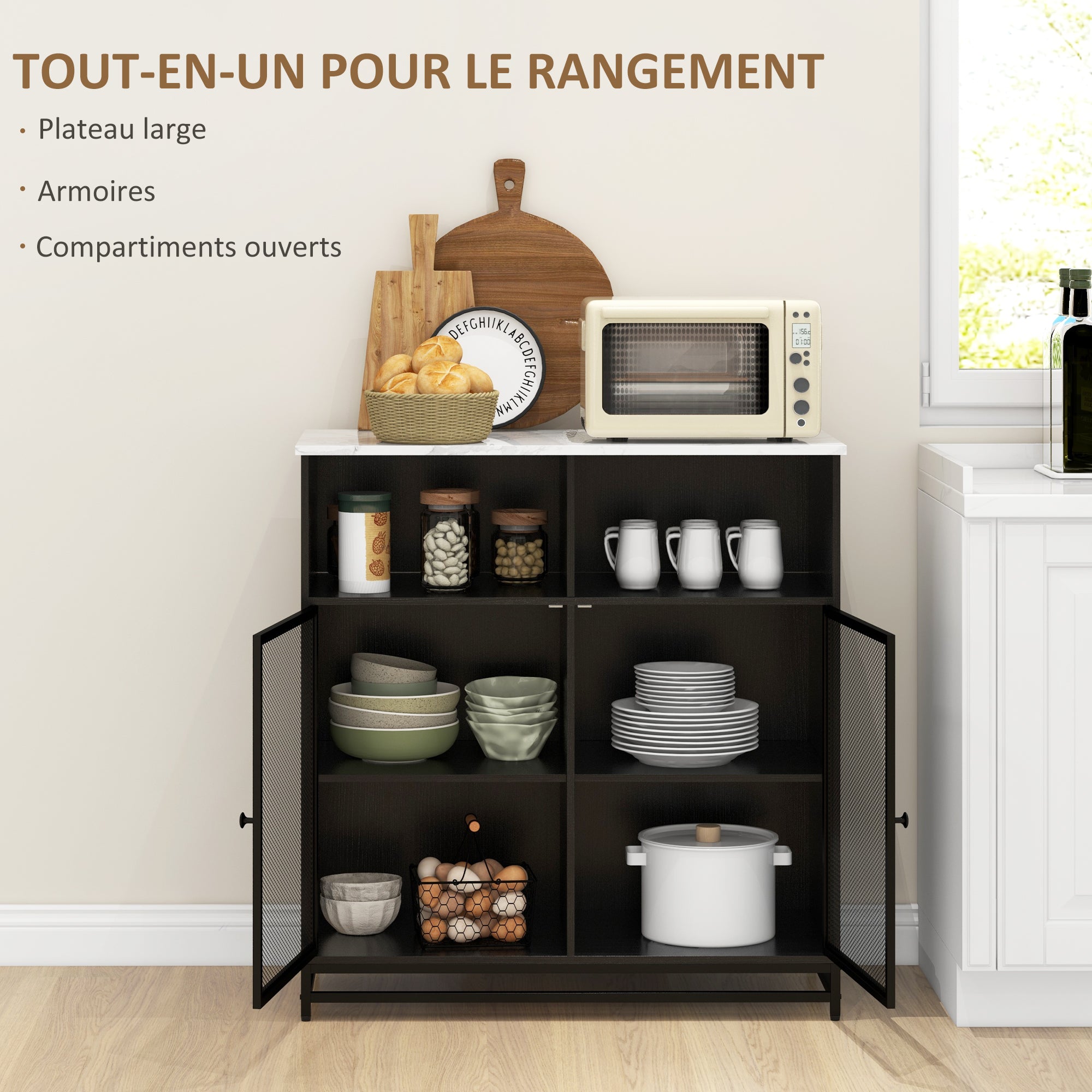 buffet storage cabinet with marble-look top and double mesh door, for living room or kitchen, 86 x 40 x 90 cm, white and black