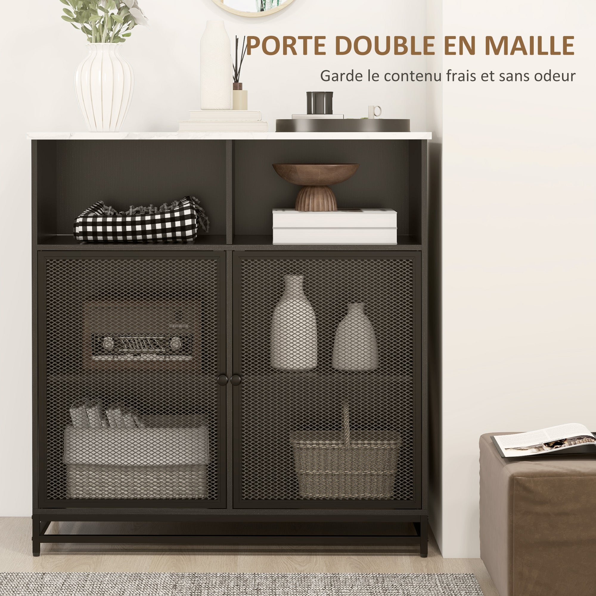 buffet storage cabinet with marble-look top and double mesh door, for living room or kitchen, 86 x 40 x 90 cm, white and black