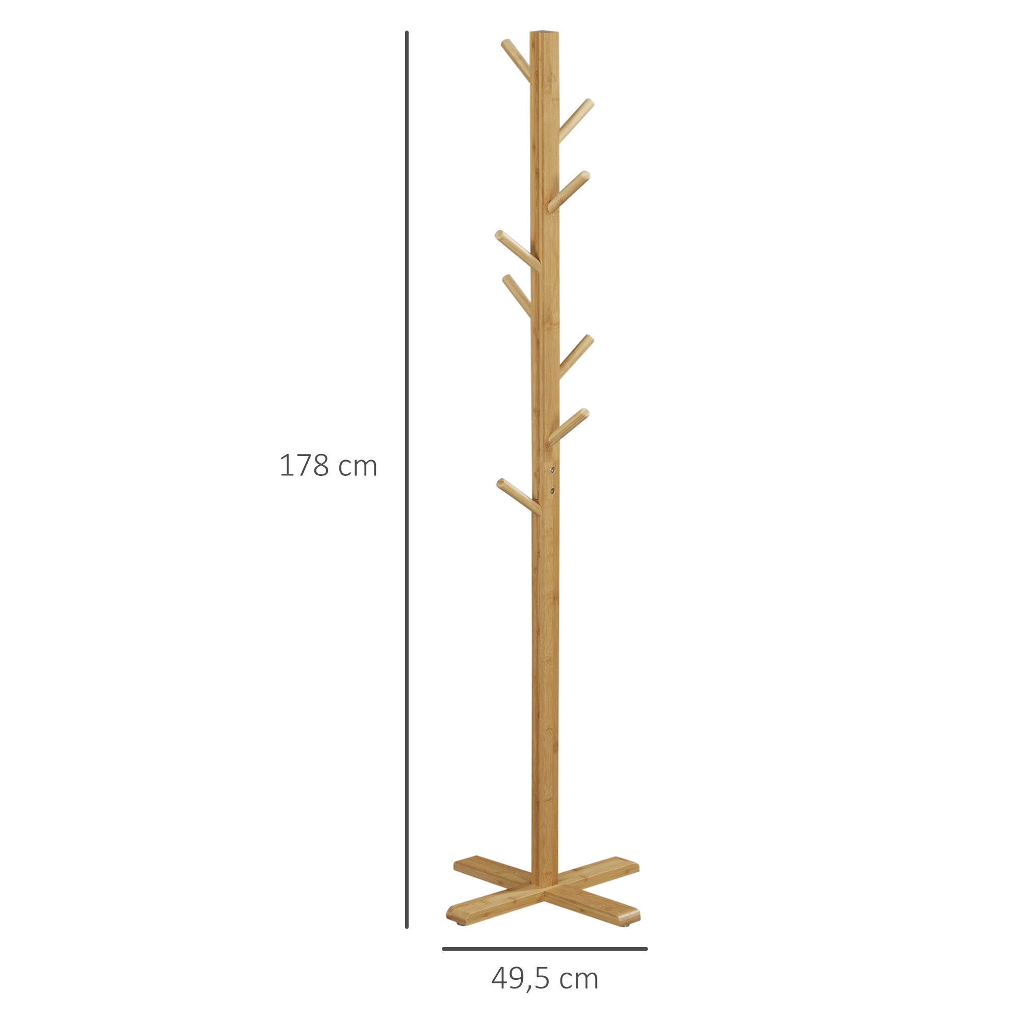 Coat Rack Stand with 8 Hooks, Bamboo Coat Stand for Bedroom, Exhibitions, Laundry Room, Natural Wood