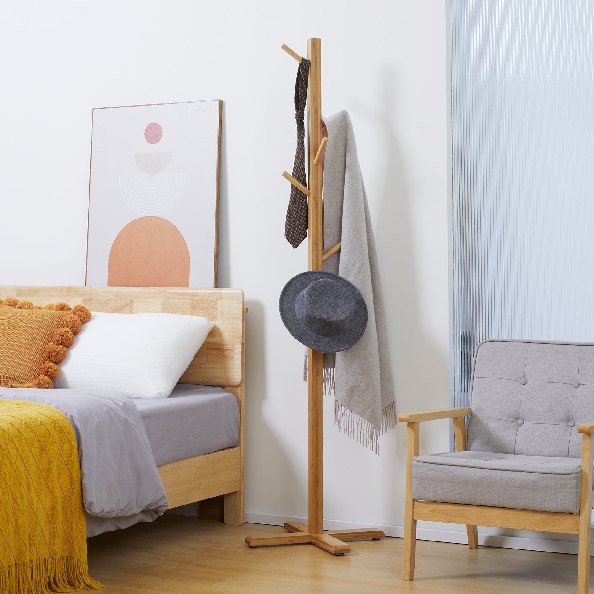 Coat Rack Stand with 8 Hooks, Bamboo Coat Stand for Bedroom, Exhibitions, Laundry Room, Natural Wood