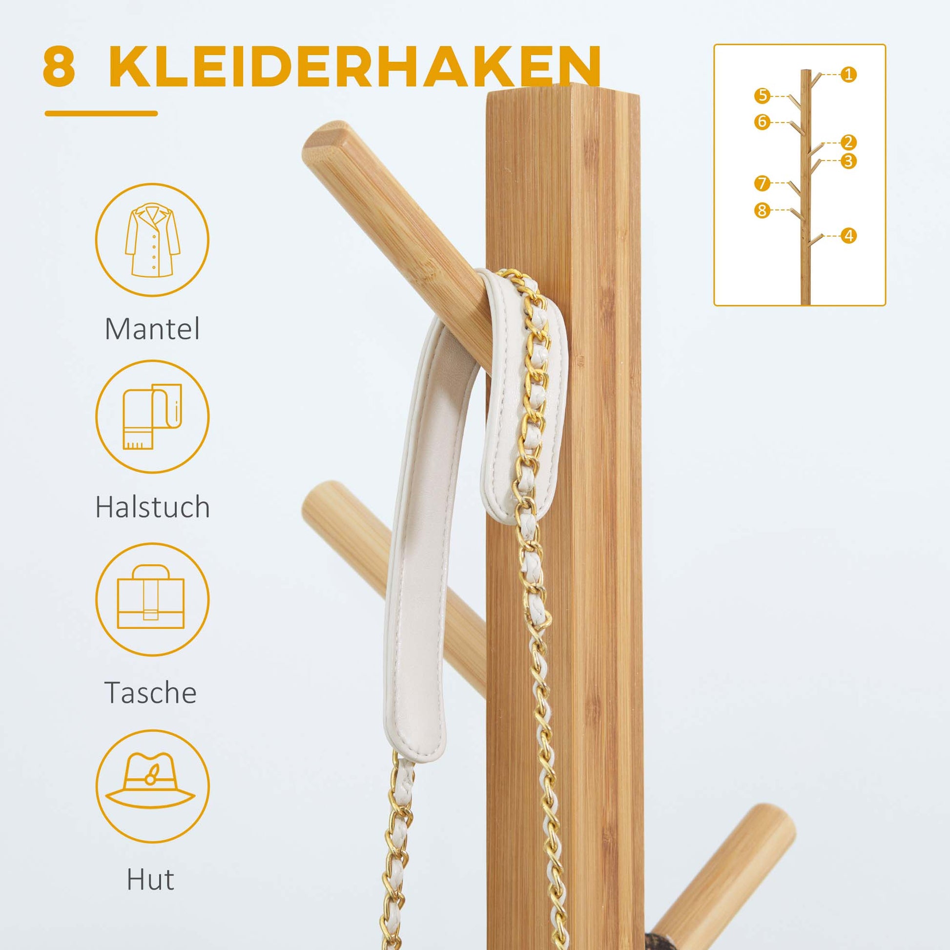 Coat Rack Stand with 8 Hooks, Bamboo Coat Stand for Bedroom, Exhibitions, Laundry Room, Natural Wood