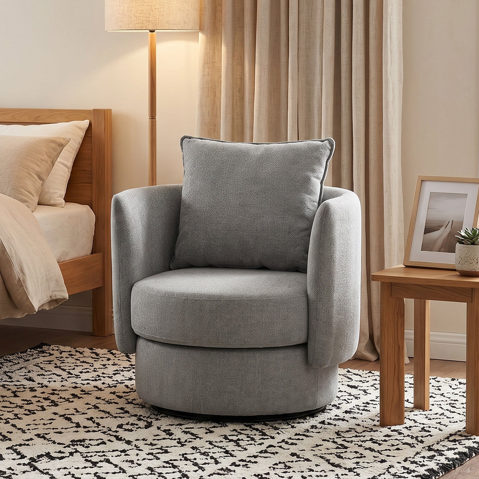 360° Swivel Lounge Chair with Cushion, Linen-Look Accent Armchair for Bedroom & Living Room, Light Gray