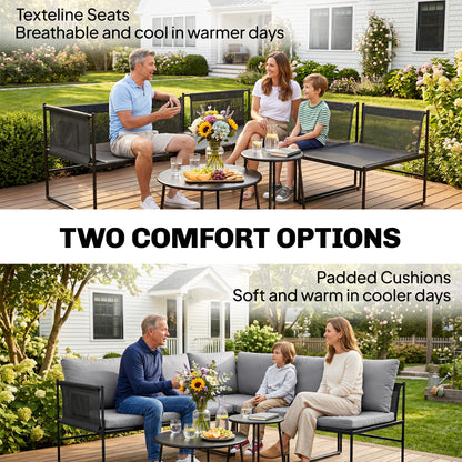 5-Piece Outdoor Lounge Set for 4–5 – Modular L-Shaped Sofa, Armless Chair, 2 Coffee Tables, Washable Cushions, Breathable Mesh Seats – Dark Gray