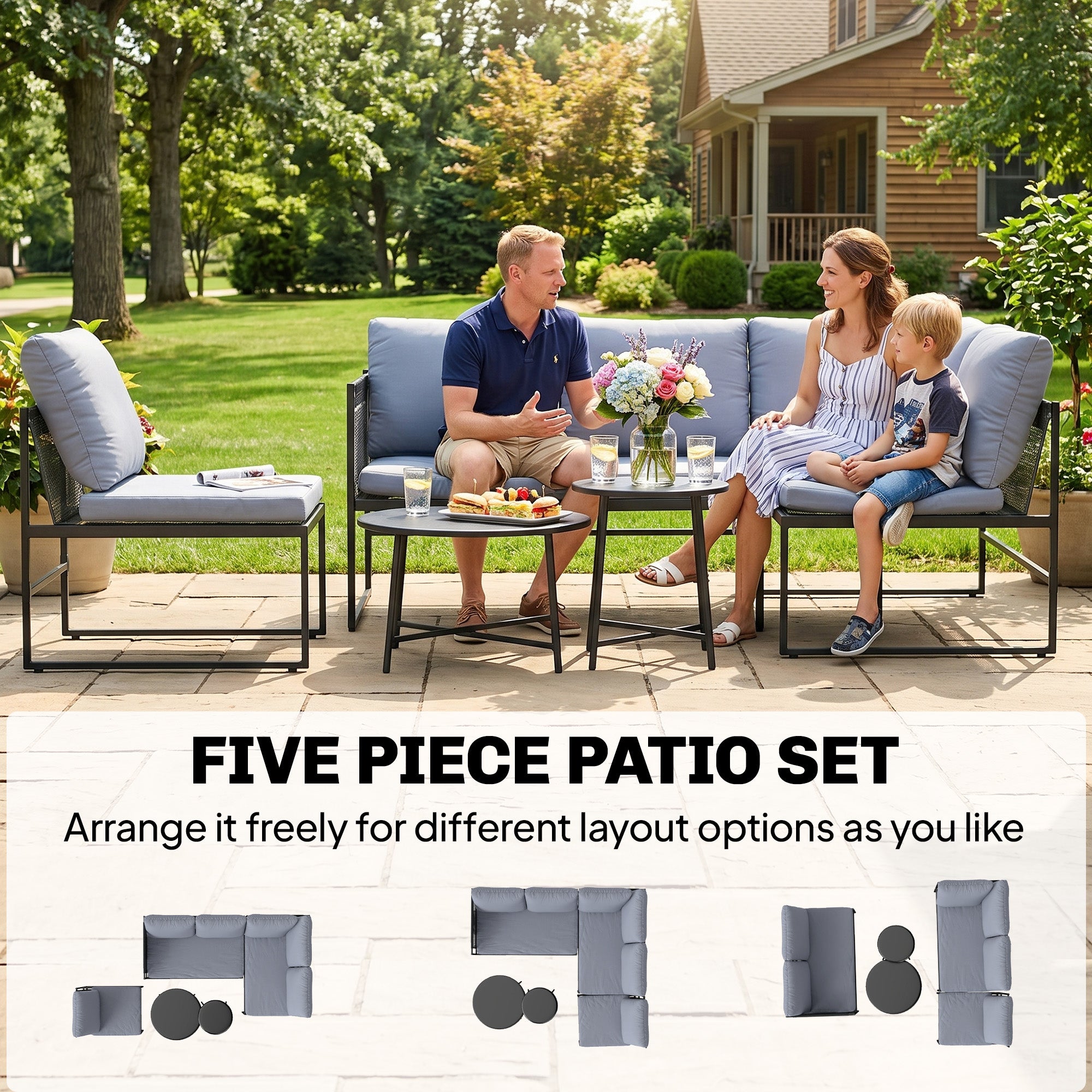 5-Piece Outdoor Lounge Set for 4–5 – Modular L-Shaped Sofa, Armless Chair, 2 Coffee Tables, Washable Cushions, Breathable Mesh Seats – Dark Gray