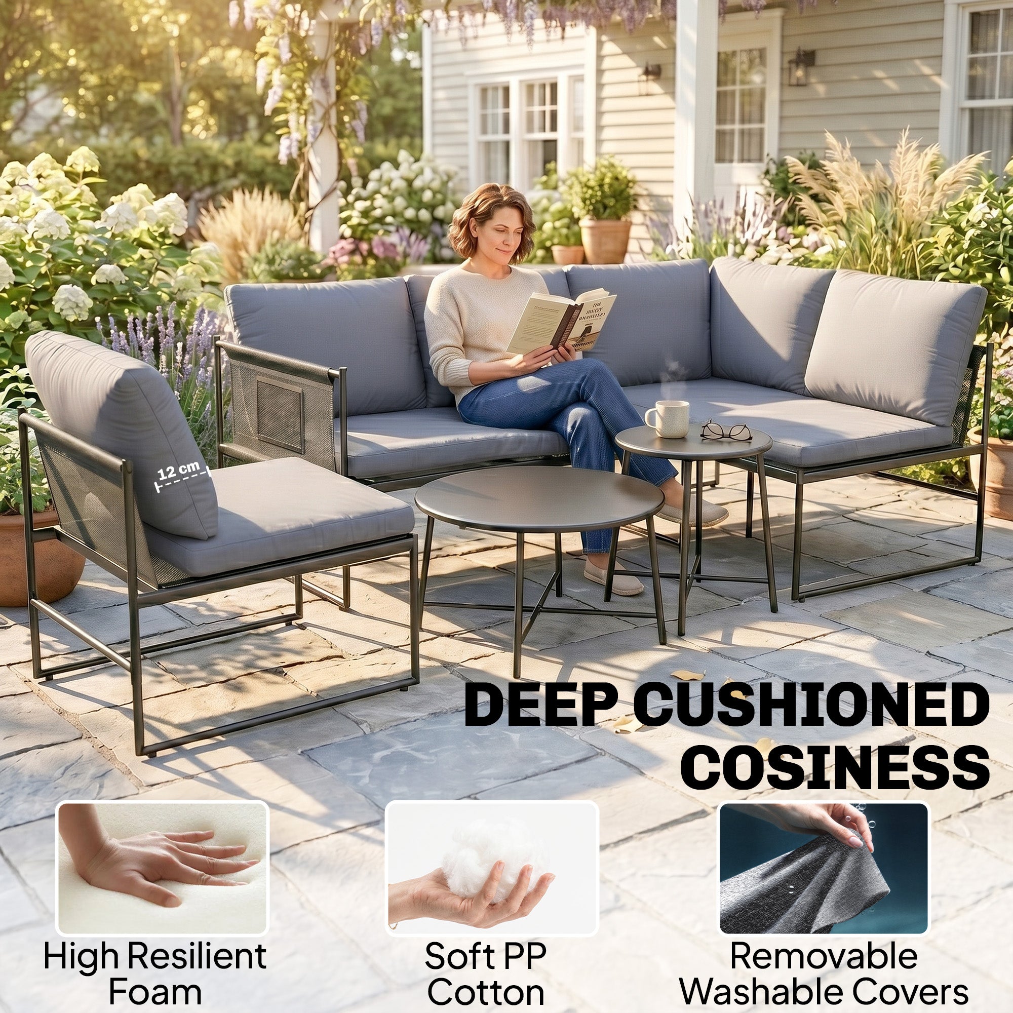 5-Piece Outdoor Lounge Set for 4–5 – Modular L-Shaped Sofa, Armless Chair, 2 Coffee Tables, Washable Cushions, Breathable Mesh Seats – Dark Gray