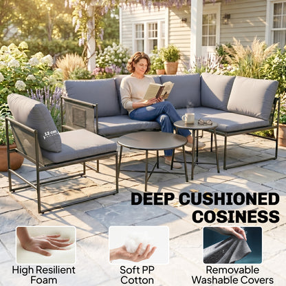 5-Piece Outdoor Lounge Set for 4–5 – Modular L-Shaped Sofa, Armless Chair, 2 Coffee Tables, Washable Cushions, Breathable Mesh Seats – Dark Gray