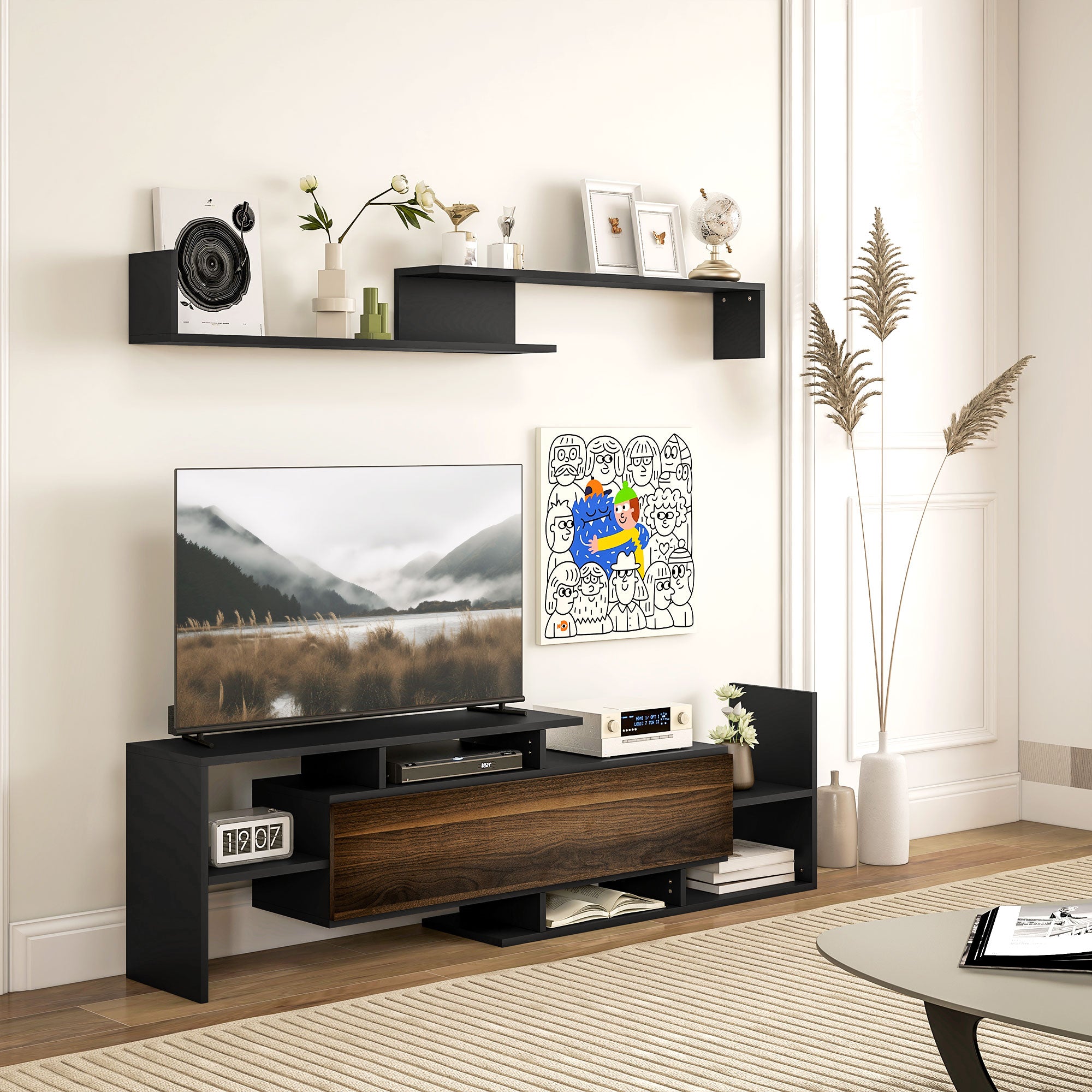 Wall-Mounted TV Stand with Open Shelves and Wood Cabinet, Modern TV Stand for Living Room and Bedroom, Black and Brown