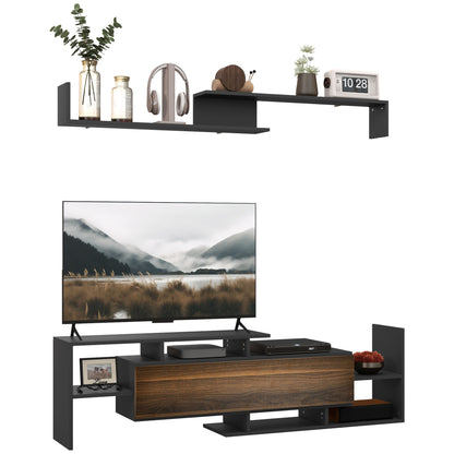 Wall-Mounted TV Stand with Open Shelves and Wood Cabinet, Modern TV Stand for Living Room and Bedroom, Black and Brown