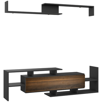 Wall-Mounted TV Stand with Open Shelves and Wood Cabinet, Modern TV Stand for Living Room and Bedroom, Black and Brown