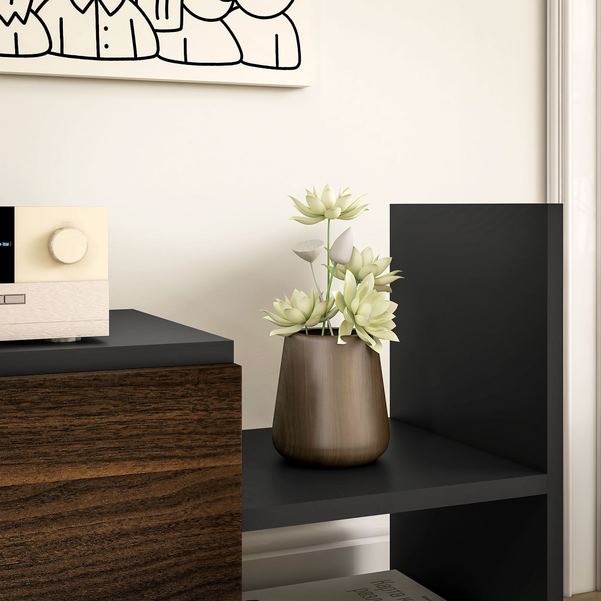 Wall-Mounted TV Stand with Open Shelves and Wood Cabinet, Modern TV Stand for Living Room and Bedroom, Black and Brown