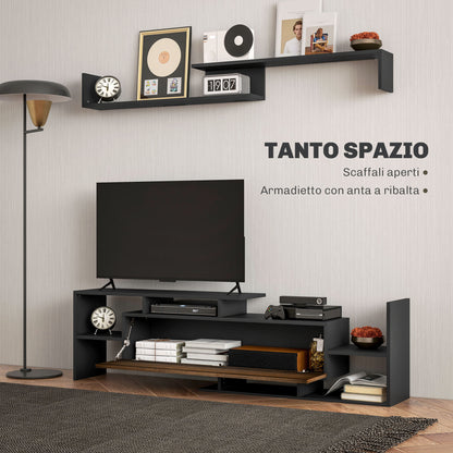 Wall-Mounted TV Stand with Open Shelves and Wood Cabinet, Modern TV Stand for Living Room and Bedroom, Black and Brown