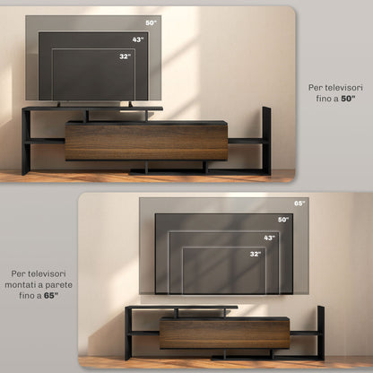 Wall-Mounted TV Stand with Open Shelves and Wood Cabinet, Modern TV Stand for Living Room and Bedroom, Black and Brown