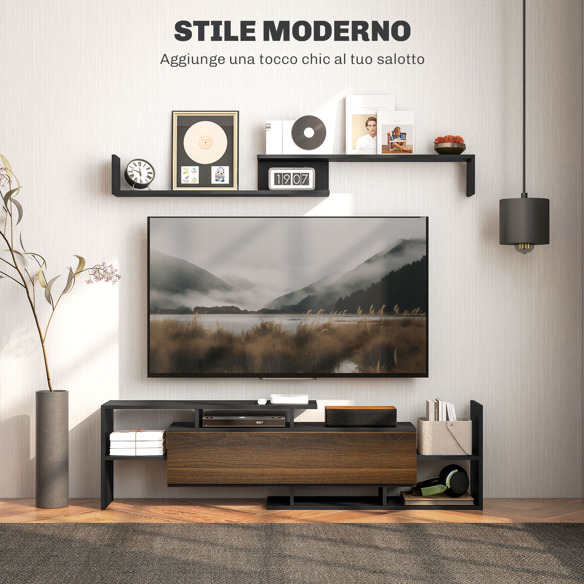 Wall-Mounted TV Stand with Open Shelves and Wood Cabinet, Modern TV Stand for Living Room and Bedroom, Black and Brown