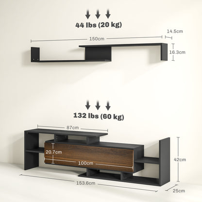 Wall-Mounted TV Stand with Open Shelves and Wood Cabinet, Modern TV Stand for Living Room and Bedroom, Black and Brown